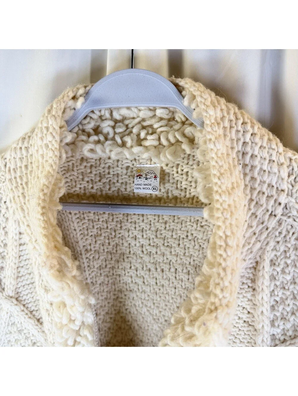 World Of Wool Vintage Cableknit Fisherman Sweater Ivory Heavy Full Zip XL